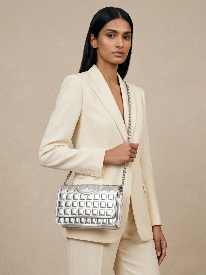 [AT DELHI] TORY BURCH  Fleming Metallic Quilted Cross Body Bag - Silver image 0