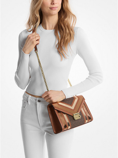MICHAEL KORS  Whitney Medium Signature Logo and Metallic Shoulder Bag - Luggage Multi image 1