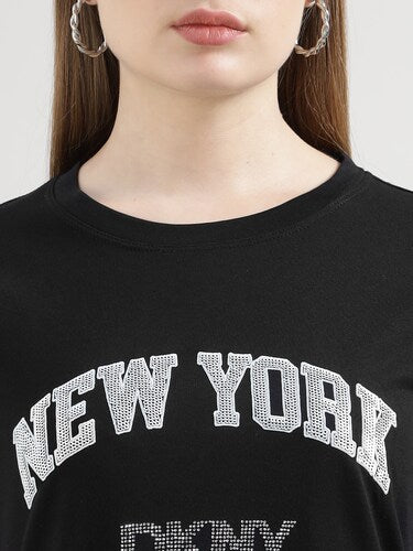 [AT DELHI] DKNY  Woman Black Rhinestone Stud Logo T-shirt image 3