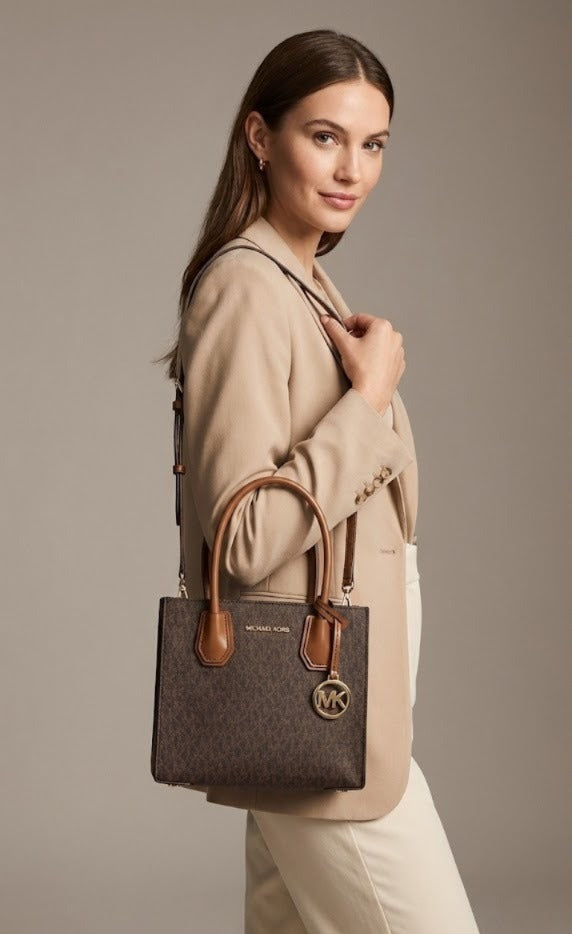 MICHAEL KORS Mercer Medium Logo and Leather Accordion Crossbody Bag - Brown image 0