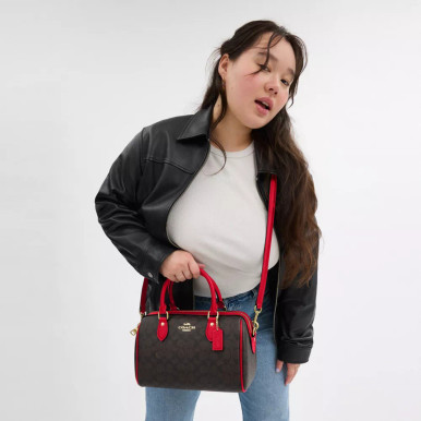 COACH Rowan Satchel Bag In Signature Canvas - Walnut/Bold Red image 1