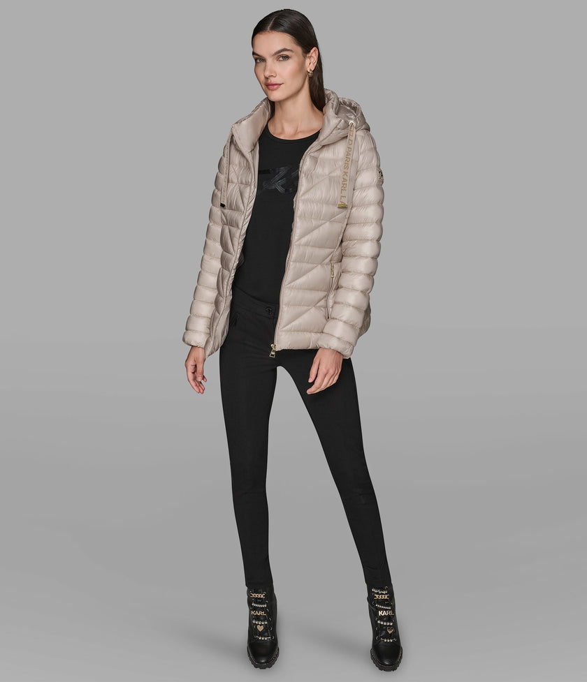KARL LAGERFELD Short Puffer Jacket With Logo - Champagne (Arriving In Delhi) image 1