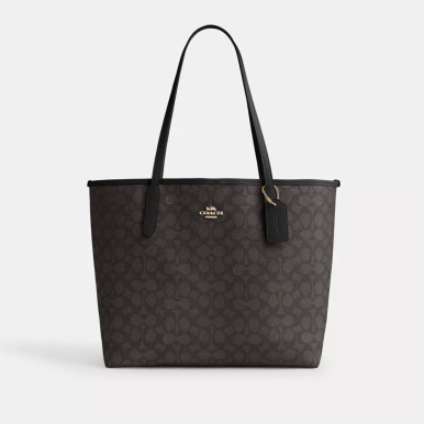 COACH City Tote Bag In Signature Canvas - Gold/Walnut/Black image 3