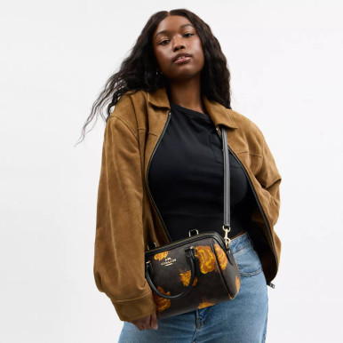 COACH Rowan Satchel Bag In Signature Canvas With Floral Print - Walnut/Black Multi image 2