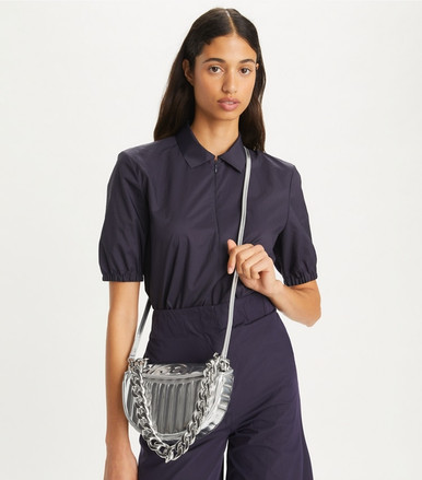 TORY BURCH Mini Fleming Metallic Quilt Crescent Bag - Silver image 0