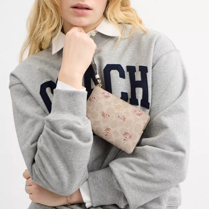 [AT DELHI] COACH Corner Zip Wristlet In Signature Canvas With Floral Print - Gold/Sand Multi image 1
