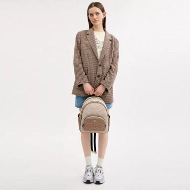 COACH Court Backpack In Blocked Signature Canvas - Gold/Sand/Tan image 1