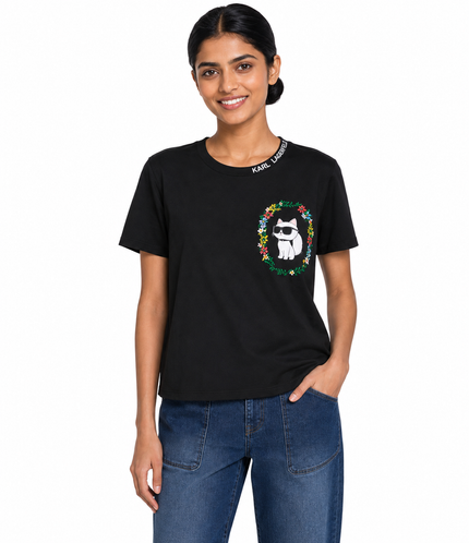 KARL LAGERFELD Cropped Cotton Jersey Choupette Floral Tee