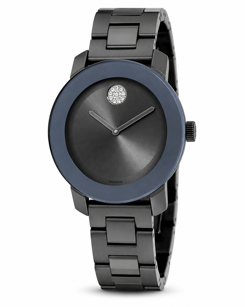 MOVADO Bold Grey Metallic Grey ion-Plated Steel Swarovski Crystals Ladies Watch