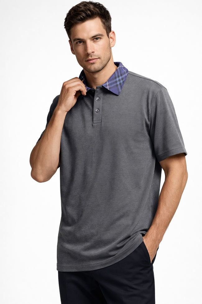 BURBERRY Polo Shirt With Check Collar - Grey (@Delhi Studio) image 0