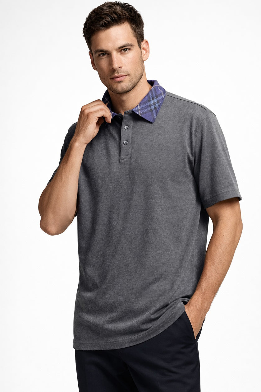 BURBERRY Polo Shirt With Check Collar - Grey (@Delhi Studio) image 0