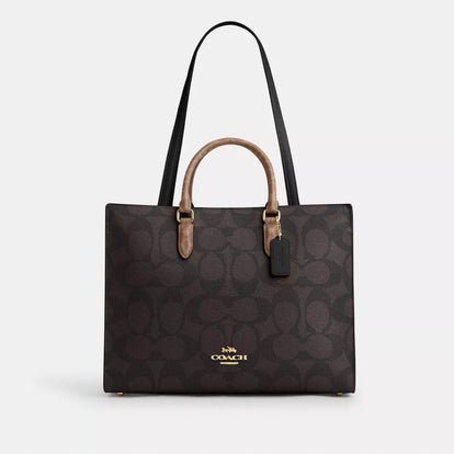 [AT DELHI]  COACH Maggie Tote Bag In Blocked Signature Canvas - Gold/Walnut/Tan image 0