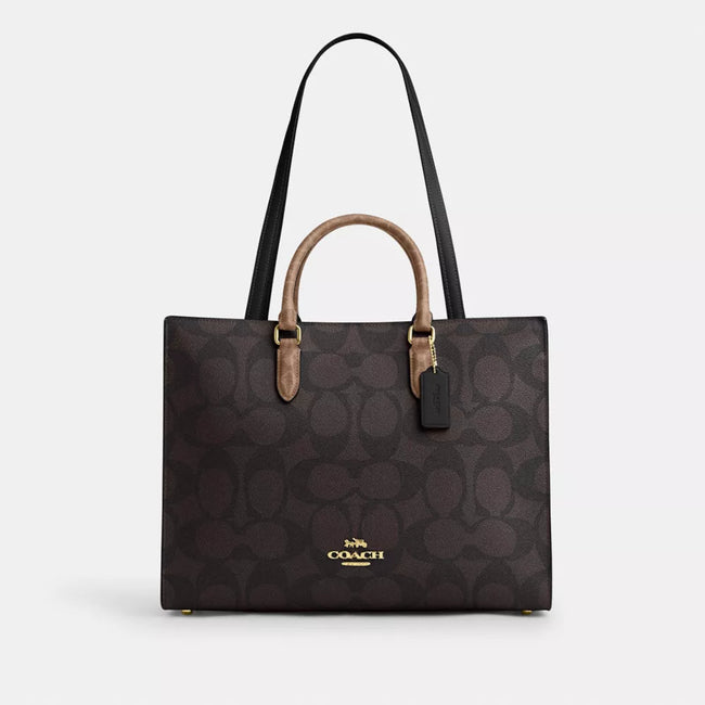 [AT DELHI]  COACH Maggie Tote Bag In Blocked Signature Canvas - Gold/Walnut/Tan image 0