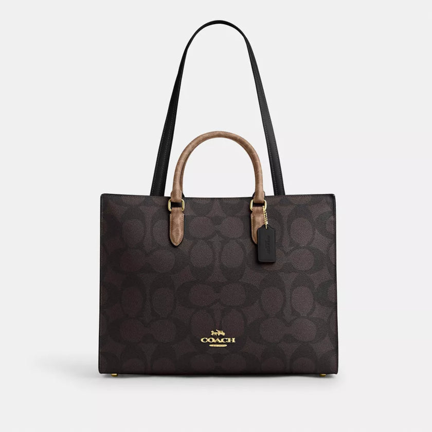 [AT DELHI]  COACH Maggie Tote Bag In Blocked Signature Canvas - Gold/Walnut/Tan image 0