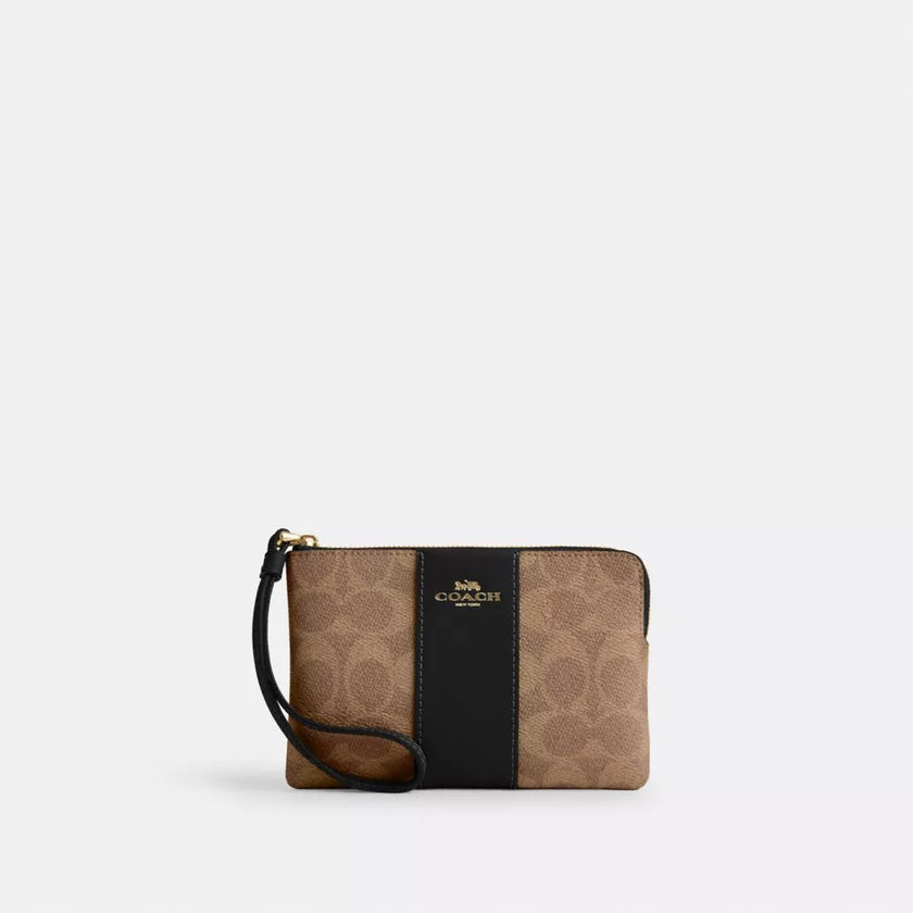 COACH Corner Zip Wristlet In Signature Canvas With Stripe - Gold/Tan/Black image 0