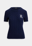 [AT DELHI] LAUREN RALPH LAUREN Women's Cable-Knit Short-Sleeve Embroidered Sweater - Refined Navy