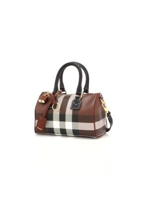 BURBERRY Check Mini Leather Top Handle Bowling Bag - Dark Birch Brown image 3