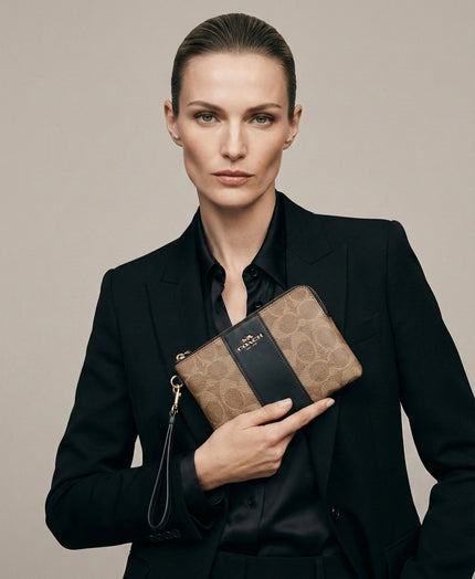 COACH Corner Zip Wristlet In Signature Canvas With Stripe - Gold/Tan/Black image 1