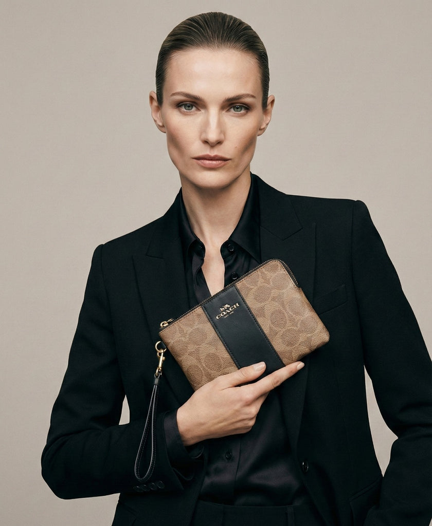 COACH Corner Zip Wristlet In Signature Canvas With Stripe - Gold/Tan/Black image 1