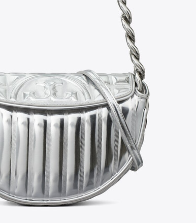 TORY BURCH Mini Fleming Metallic Quilt Crescent Bag - Silver image 1