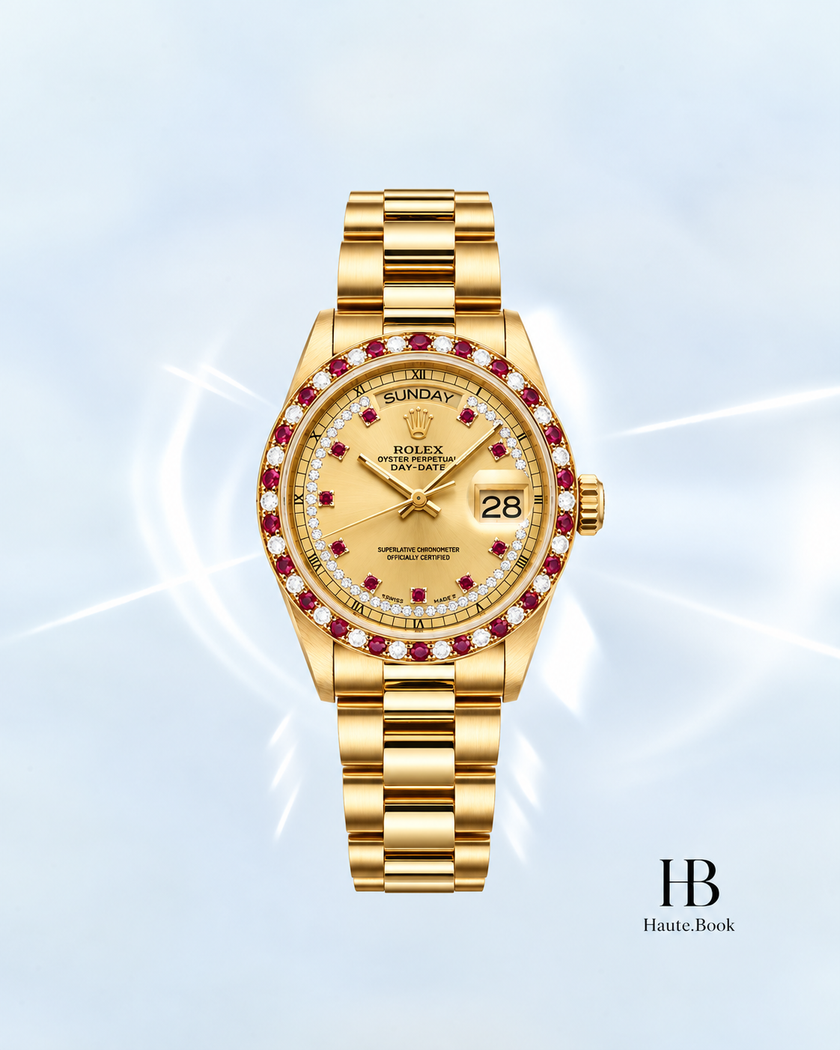 [Classics] ROLEX Yellow Gold Day-Date with Diamond & Ruby Bezel and String Dial 36mm