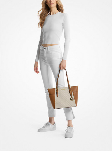 MICHAEL KORS Charlotte Large Logo and Leather Top-Zip Tote Bag - Vanilla image 1