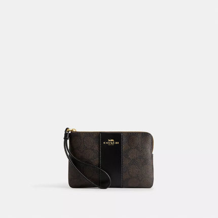 COACH Corner Zip Wristlet In Signature Canvas With Stripe - Gold/Walnut/Black image 0