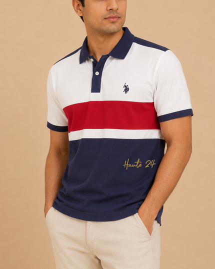 [At India] U.S. POLO ASSN. Men Solid Polo Neck Pure Cotton Blue T-Shirt