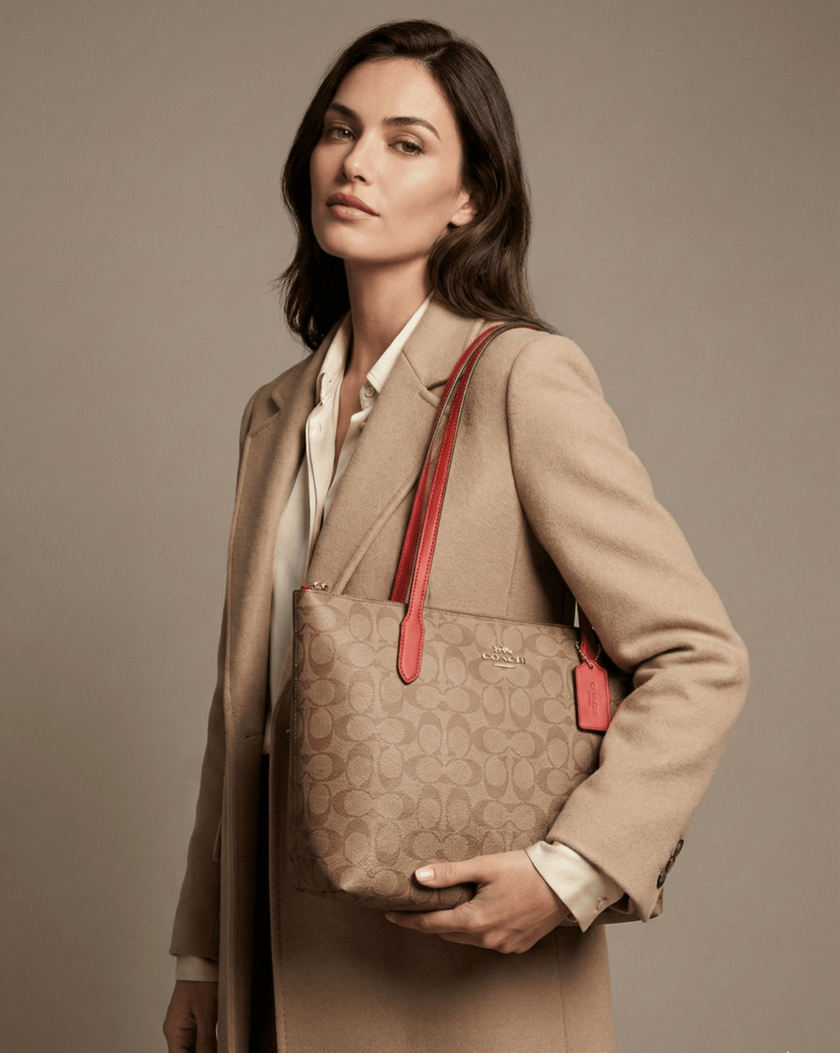 COACH Fiona Zip Tote Bag In Signature Canvas - Gold/Tan/Carnation image 1