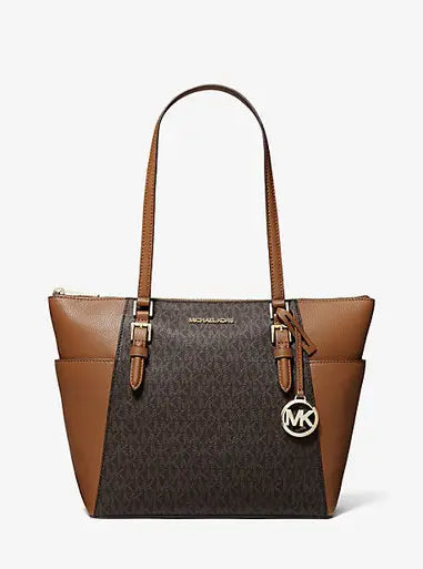 MICHAEL KORS Charlotte Large Logo and Leather Top-Zip Tote Bag - Brown image 1