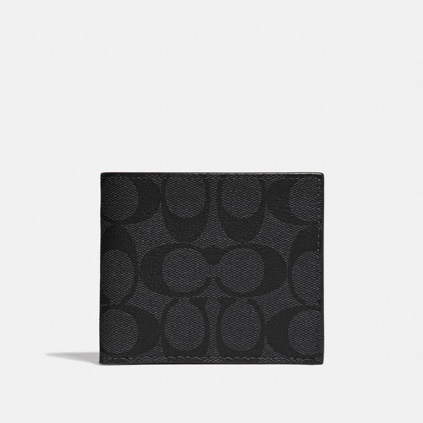 COACH Billfold Wallet In Signature Canvas - Black Antique/Tan image