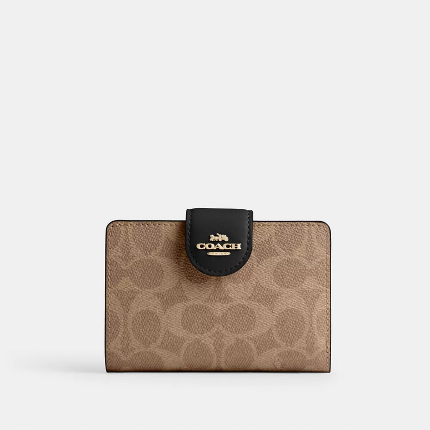 COACH Medium Corner Zip Wallet In Signature Canvas - Gold/Tan/Black image