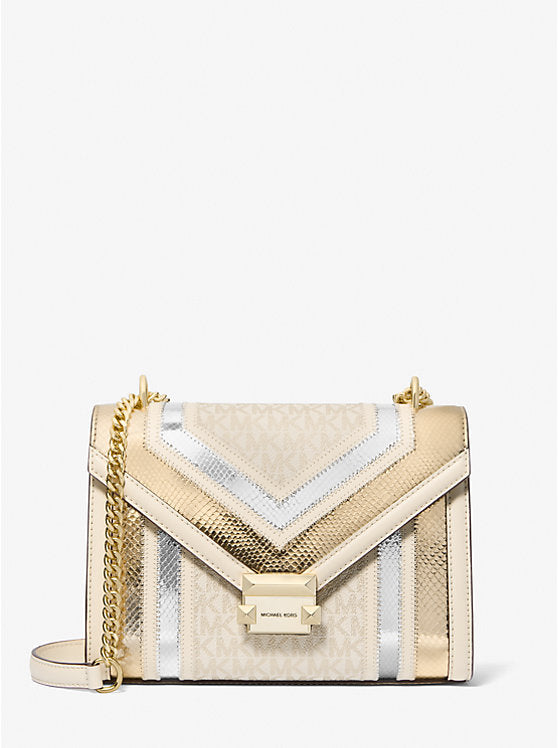 [AT DELHI] MICHAEL KORS  Whitney Medium Signature Logo and Metallic Shoulder Bag - Pl Gld Multi image 0