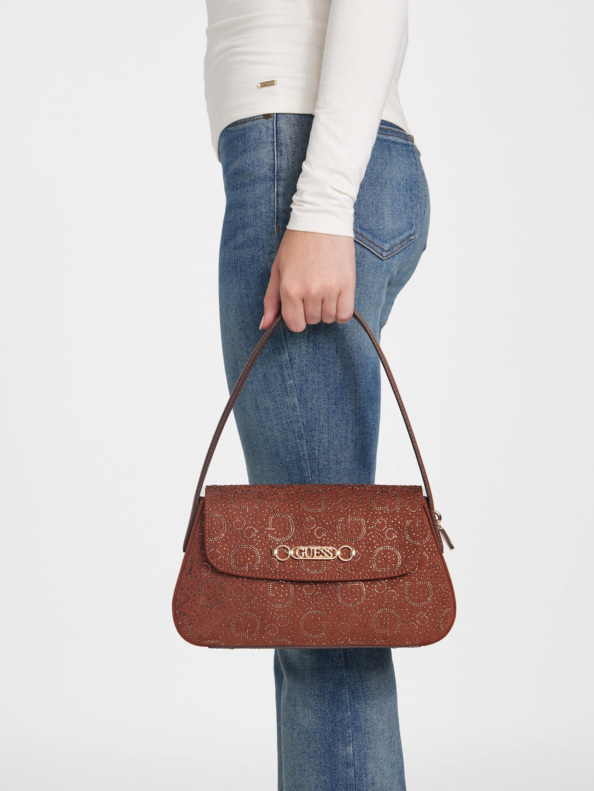 Guess Avelina Rhinestone Logo Shoulder Bag - Brown image 1