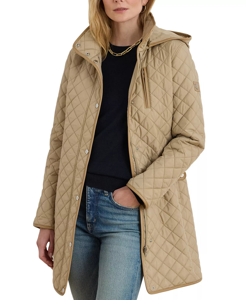 [AT DELHI] LAUREN RALPH LAUREN Womens Hooded Quilted Faux-Suede-Trim Coat - New Birch