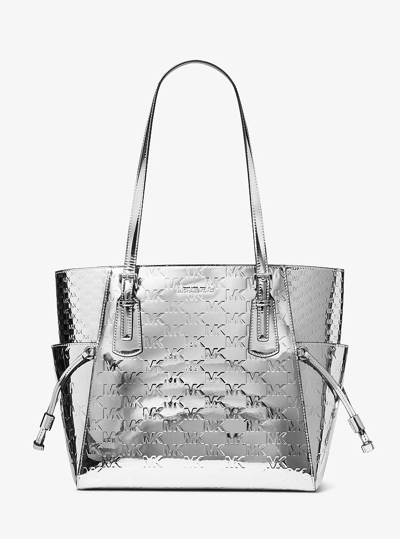 [At India] MICHAEL KORS Voyager Large Metallic Logo Debossed Tote Bag - SILVER