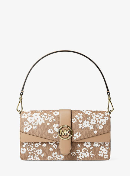 MICHAEL KORS Greenwich Medium Printed Signature Logo Convertible Shoulder Bag  -Camel