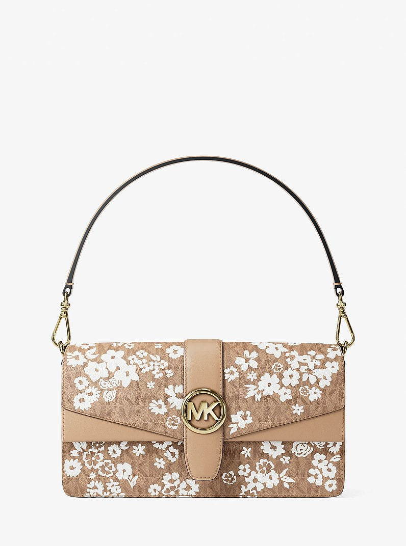MICHAEL KORS Greenwich Medium Printed Signature Logo Convertible Shoulder Bag  -Camel