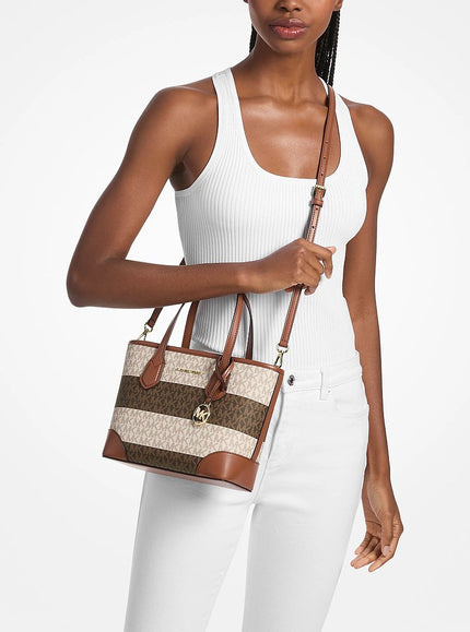 MICHAEL KORS Eva Extra-Small Striped Signature Logo Convertible Tote Bag - Vanilla/Luggage