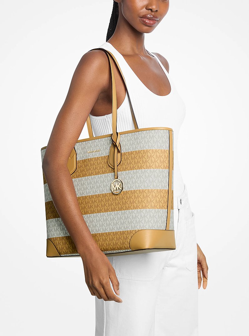 MICHAEL KORS Eva Large Striped Signature Logo Tote Bag