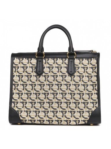SALVATORE FERRAGAMO Black Contrasting Gancini Print Fabric & Leather Bag image 2