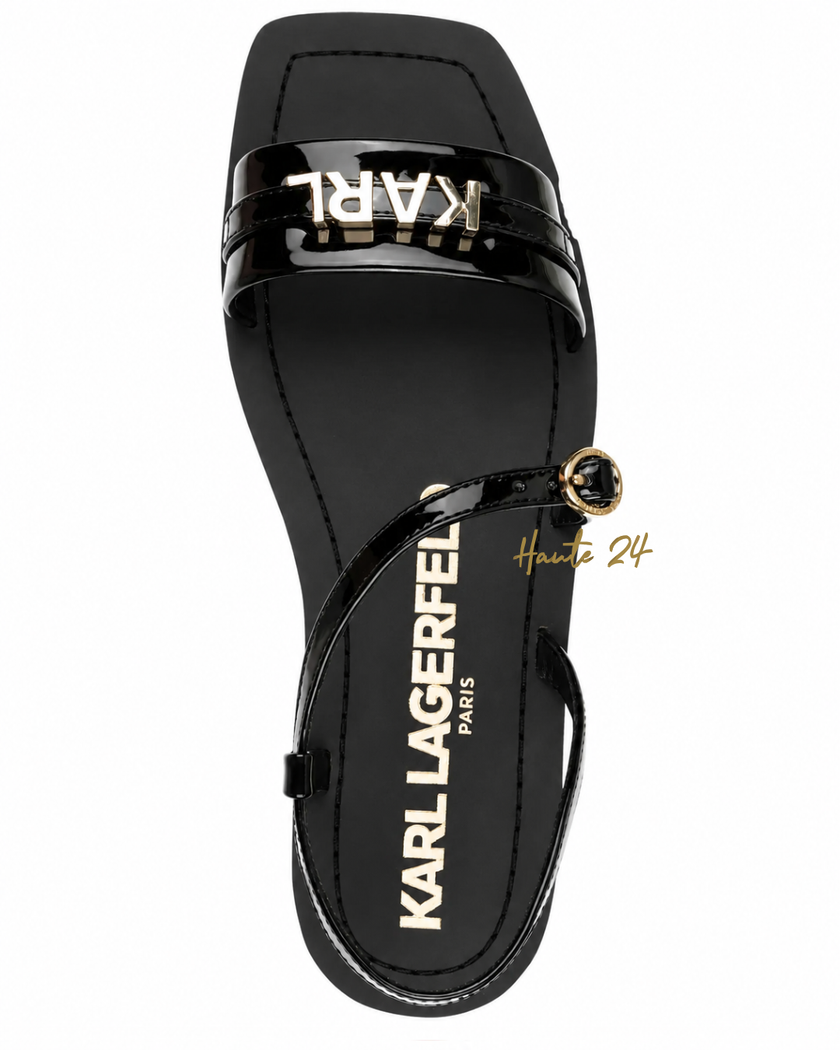 KARL LAGERFELD MIRAM PATENT LOGO ANKLE STRAP SANDAL