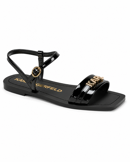 KARL LAGERFELD MIRAM PATENT LOGO ANKLE STRAP SANDAL