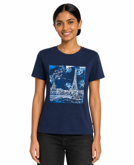 KARL LAGERFELD Cotton Jersey Blue Paris Scene Tee