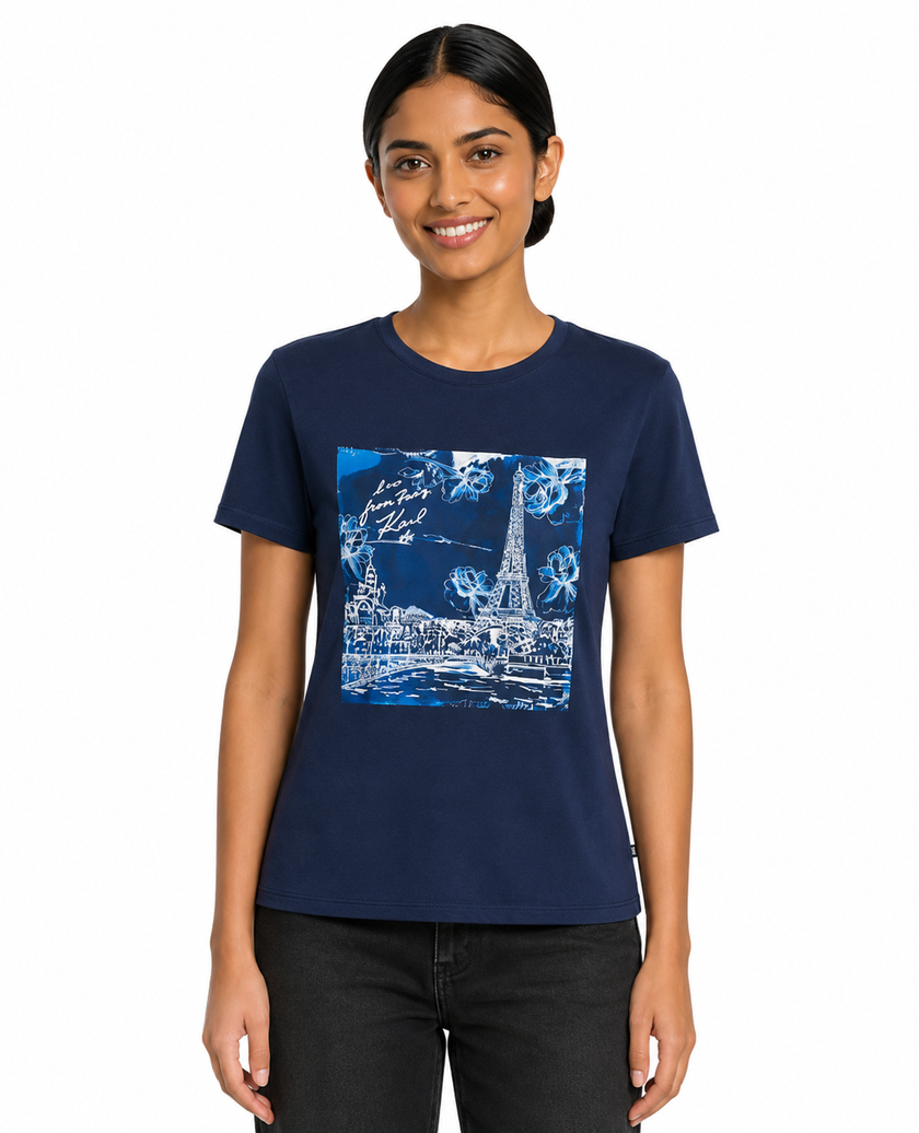 KARL LAGERFELD Cotton Jersey Blue Paris Scene Tee