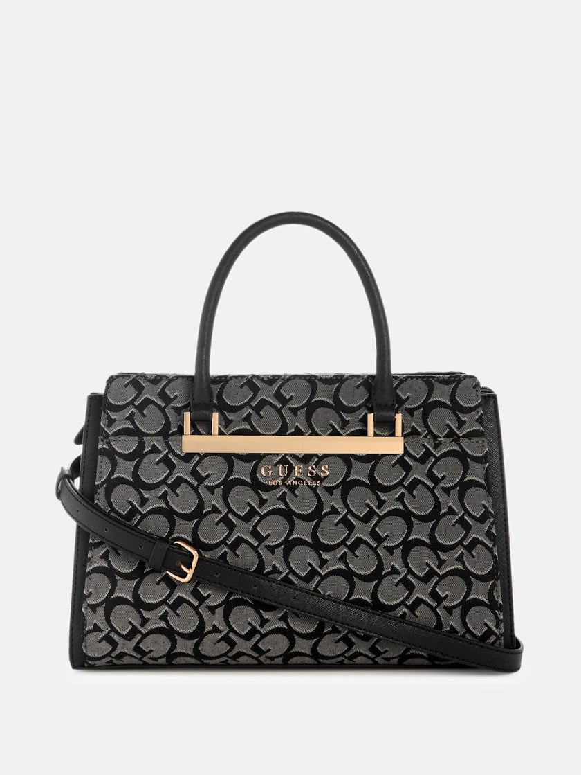 Guess Marva Jacquard Logo Satchel - Black image 0