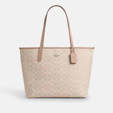 COACH City Tote Bag In Signature Canvas - Silver/Sand/Taupe image 3