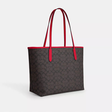 COACH City Tote Bag In Signature Canvas - Gold/Walnut/Bold Red image 2