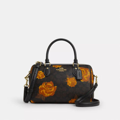 COACH Rowan Satchel Bag In Signature Canvas With Floral Print - Walnut/Black Multi image 0
