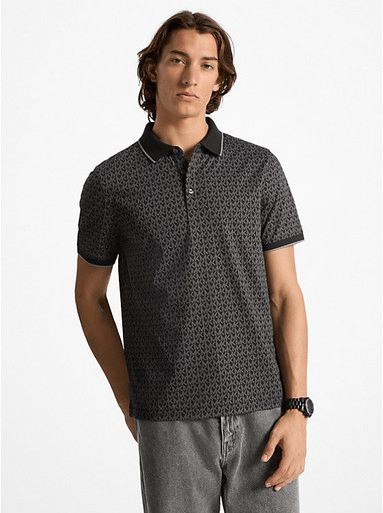MICHAEL KORS  Greenwich Signature Logo Print Cotton Polo Shirt - Black image 0